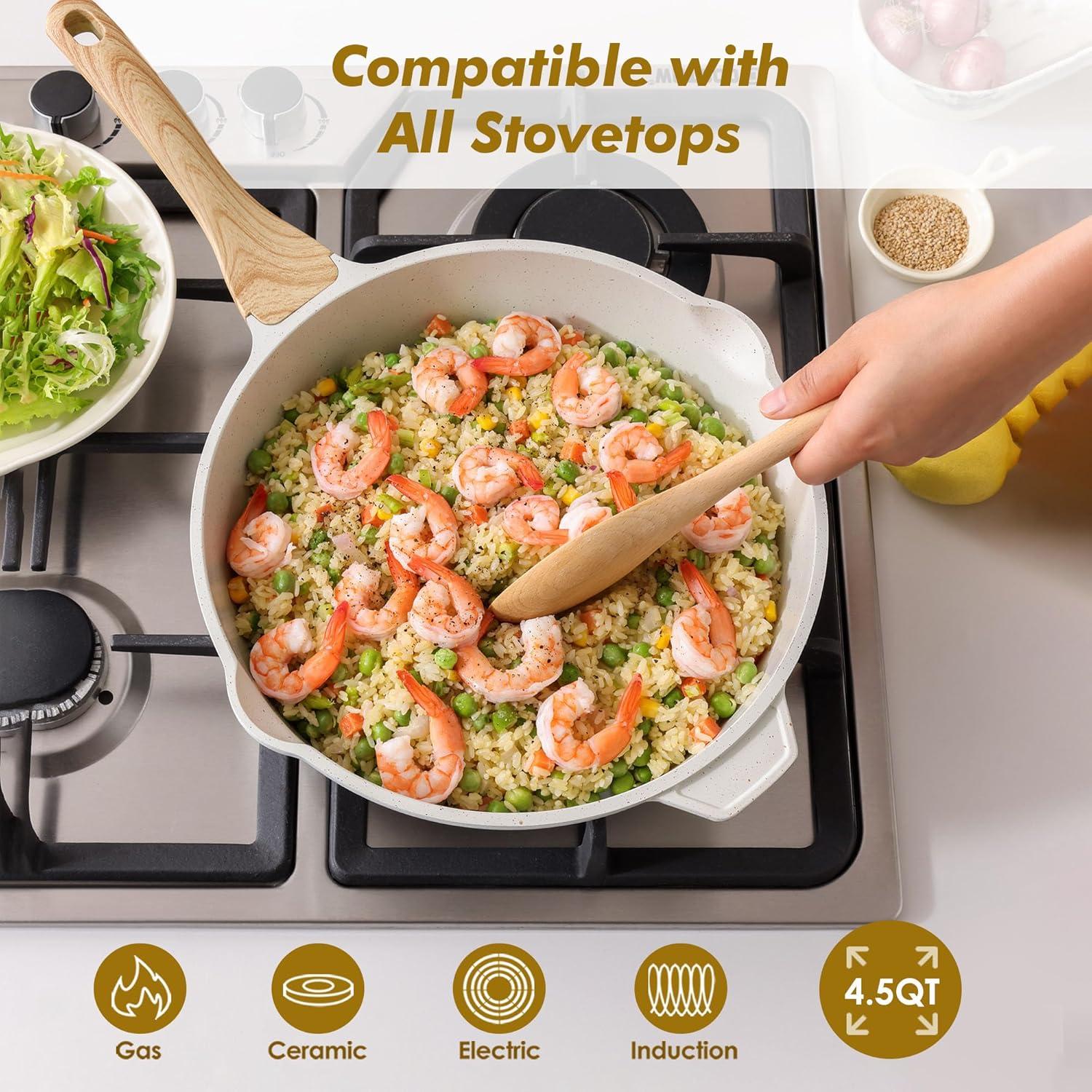imageSENSARTE Nonstick Ceramic Saute Pan 12Inch 5QT Nontoxic Deep Frying Pan Skillet with Lid Healthy No Teflon Cookware Stay Cool Handle Induction Compatible PFAS FreeCeramic White