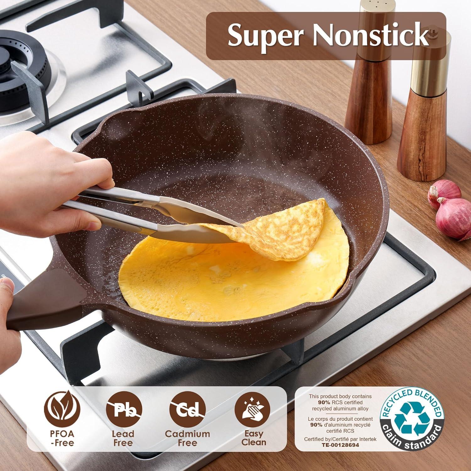 imageSENSARTE Nonstick Ceramic Saute Pan 12Inch 5QT Nontoxic Deep Frying Pan Skillet with Lid Healthy No Teflon Cookware Stay Cool Handle Induction Compatible PFAS FreeToffee Brown