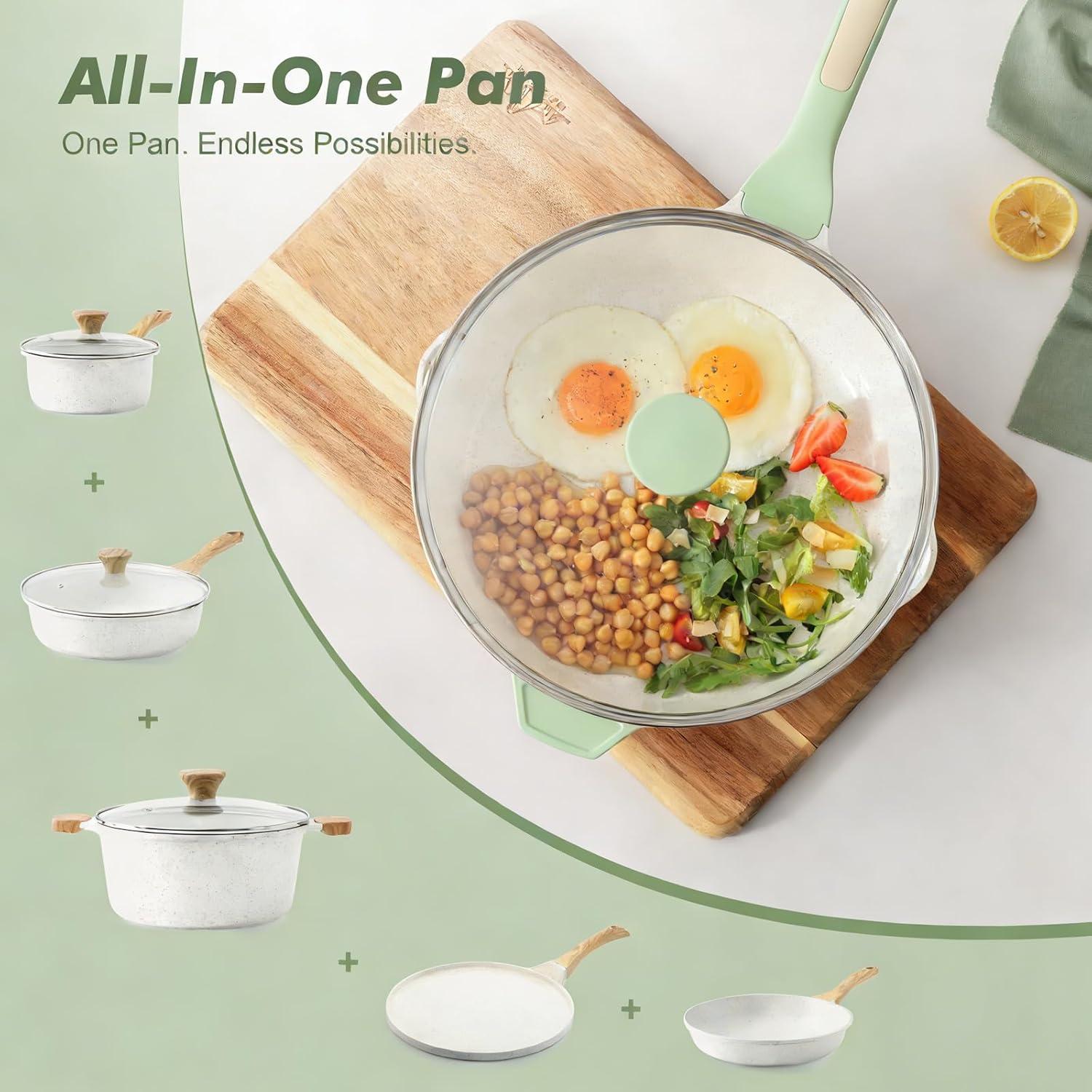 imageSENSARTE Nonstick Ceramic Saute Pan 12Inch 5QT Nontoxic Deep Frying Pan Skillet with Lid Healthy No Teflon Cookware Stay Cool Handle Induction Compatible PFAS FreeMint Green