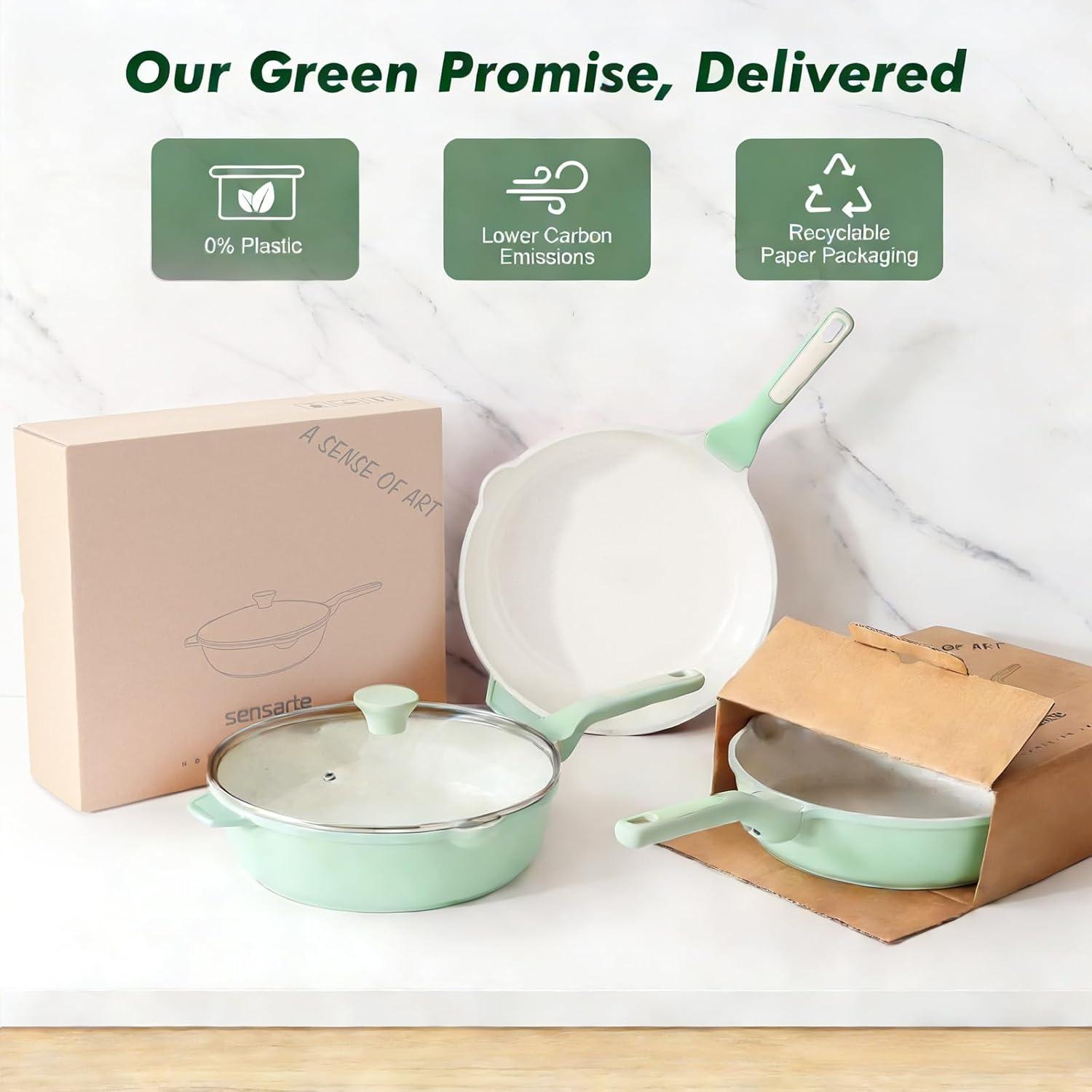 imageSENSARTE Nonstick Ceramic Saute Pan 12Inch 5QT Nontoxic Deep Frying Pan Skillet with Lid Healthy No Teflon Cookware Stay Cool Handle Induction Compatible PFAS FreeMint Green