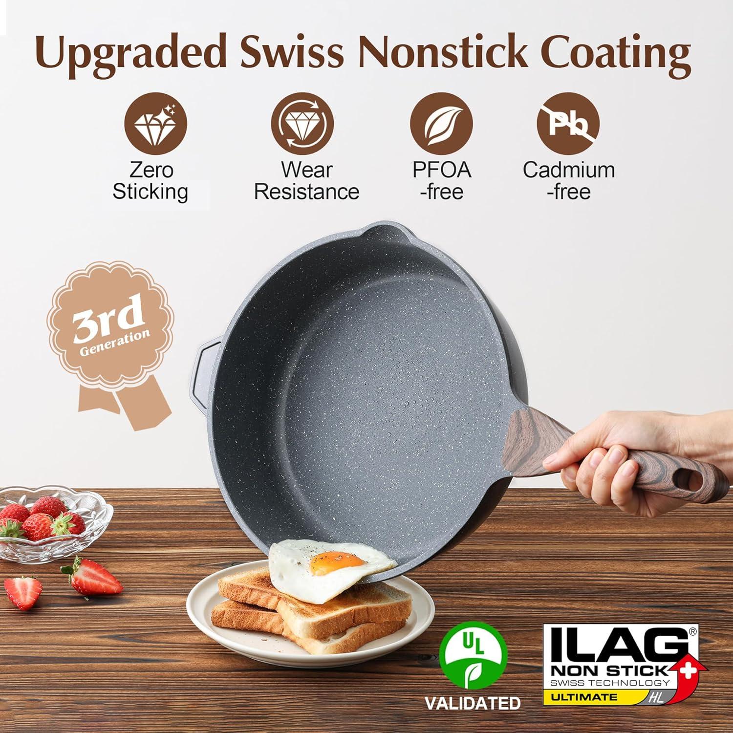 imageSENSARTE Nonstick Ceramic Saute Pan 12Inch 5QT Nontoxic Deep Frying Pan Skillet with Lid Healthy No Teflon Cookware Stay Cool Handle Induction Compatible PFAS FreeClassic Granite