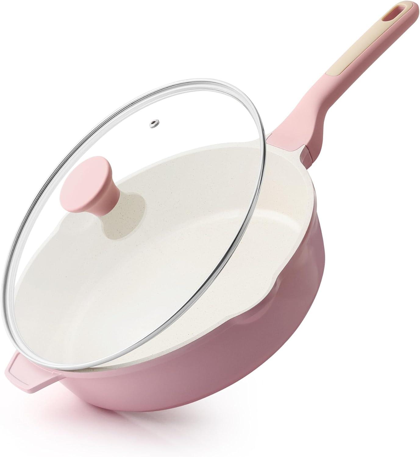 imageSENSARTE Nonstick Ceramic Saute Pan 12Inch 5QT Nontoxic Deep Frying Pan Skillet with Lid Healthy No Teflon Cookware Stay Cool Handle Induction Compatible PFAS FreeSakura Pink