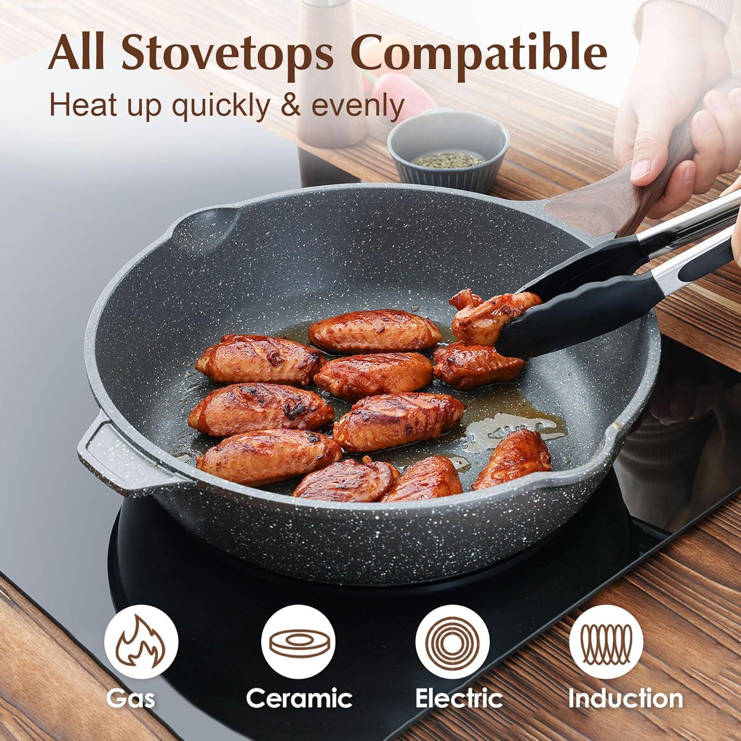imageSENSARTE Nonstick Ceramic Saute Pan 12Inch 5QT Nontoxic Deep Frying Pan Skillet with Lid Healthy No Teflon Cookware Stay Cool Handle Induction Compatible PFAS FreeGray