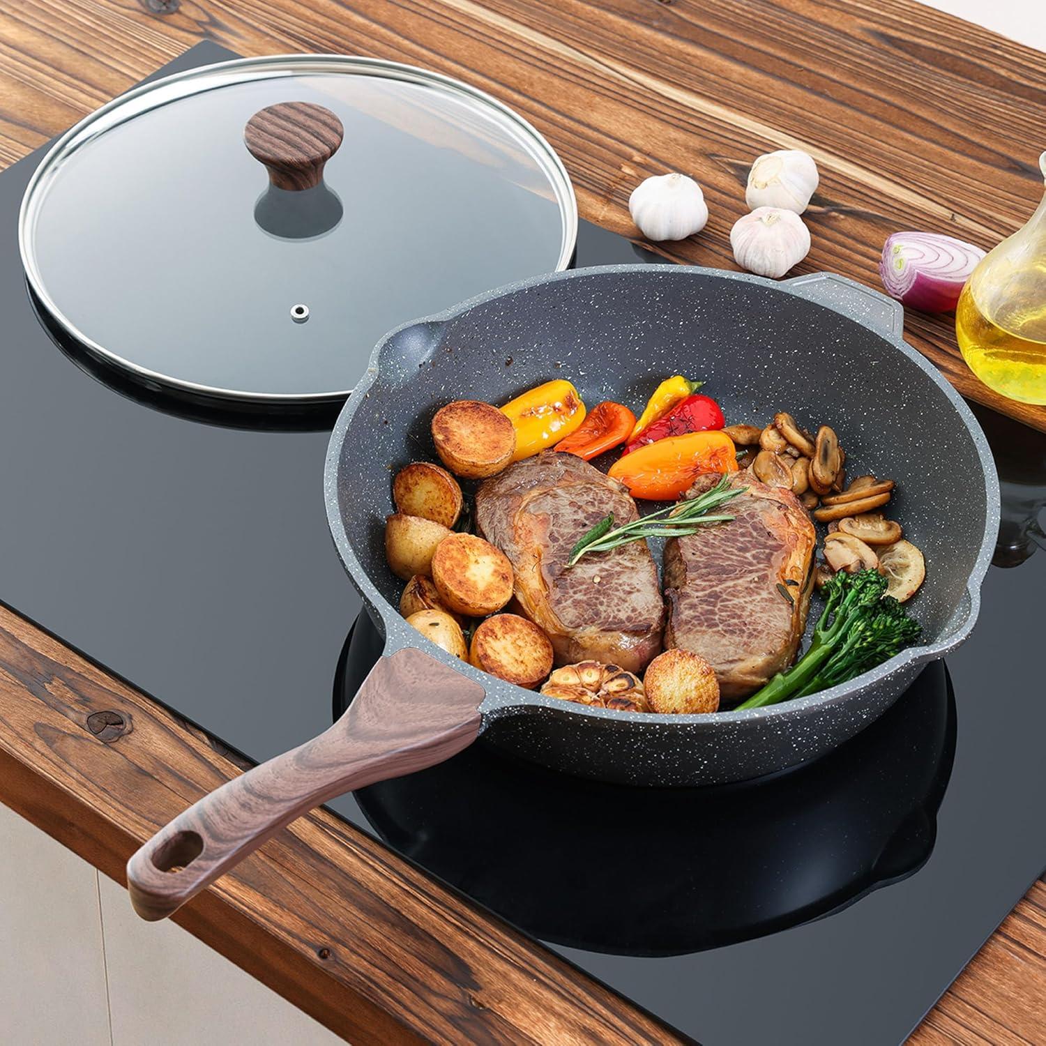 imageSENSARTE Nonstick Ceramic Saute Pan 12Inch 5QT Nontoxic Deep Frying Pan Skillet with Lid Healthy No Teflon Cookware Stay Cool Handle Induction Compatible PFAS FreeClassic Granite