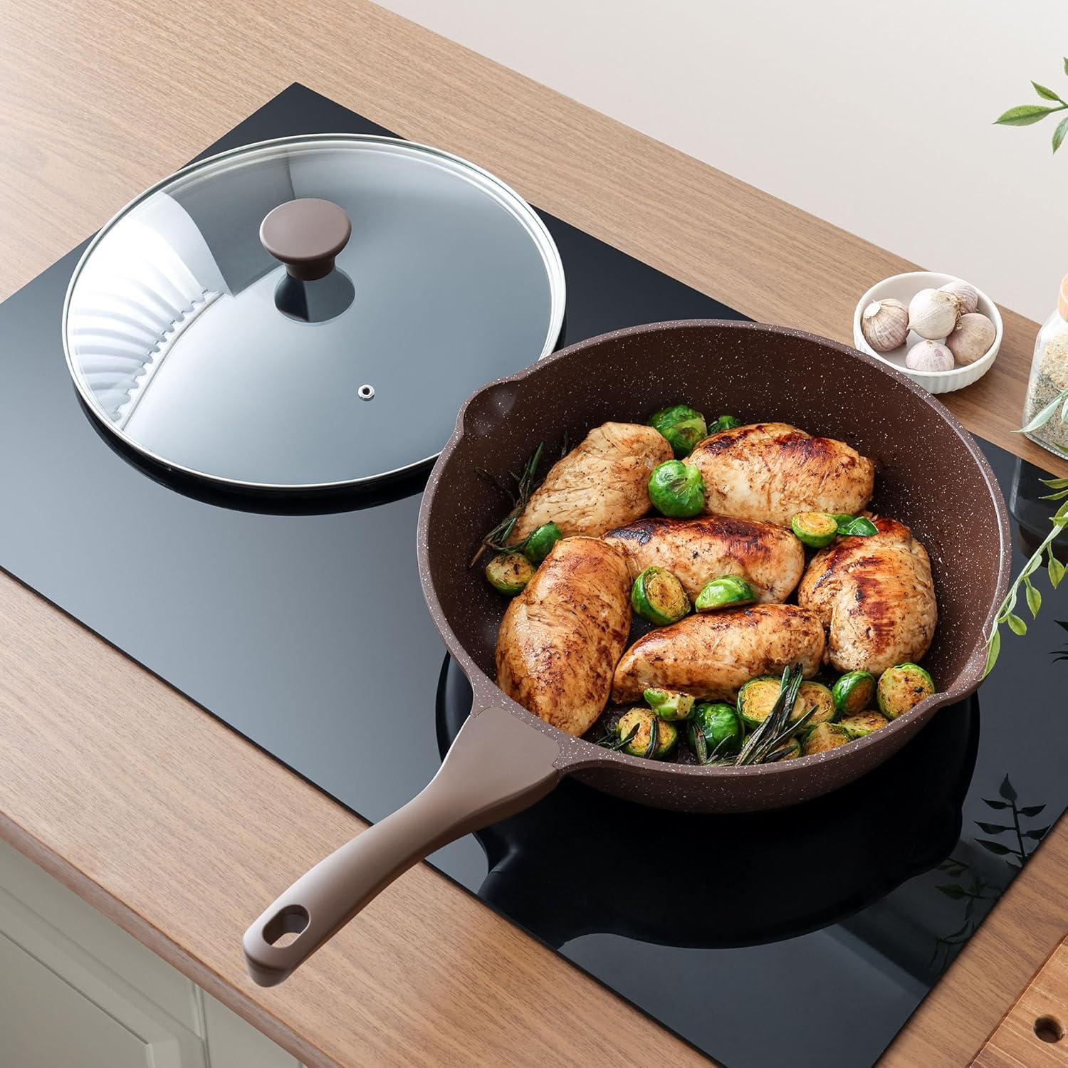 imageSENSARTE Nonstick Ceramic Saute Pan 12Inch 5QT Nontoxic Deep Frying Pan Skillet with Lid Healthy No Teflon Cookware Stay Cool Handle Induction Compatible PFAS FreeToffee Brown