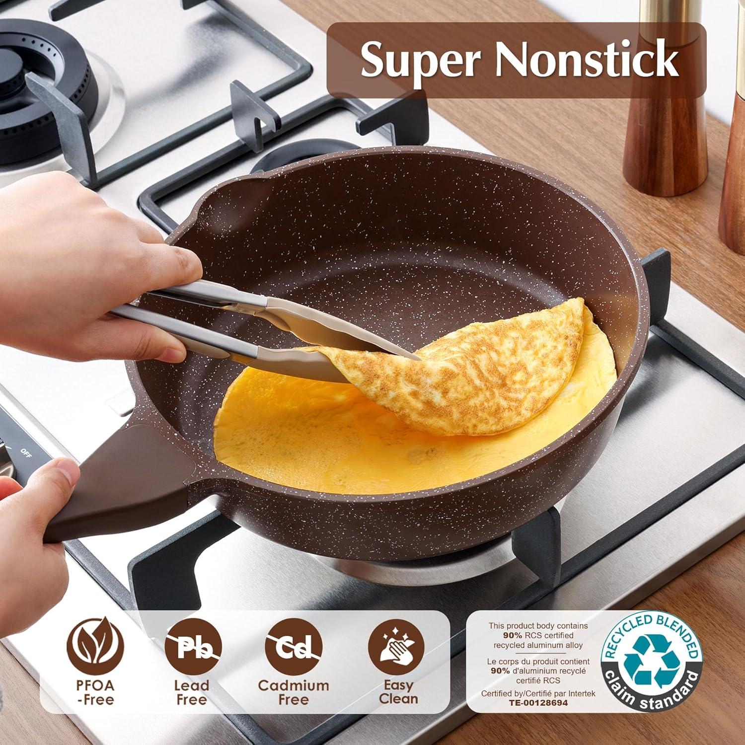 imageSENSARTE Nonstick Ceramic Saute Pan 12Inch 5QT Nontoxic Deep Frying Pan Skillet with Lid Healthy No Teflon Cookware Stay Cool Handle Induction Compatible PFAS FreeToffee Brown