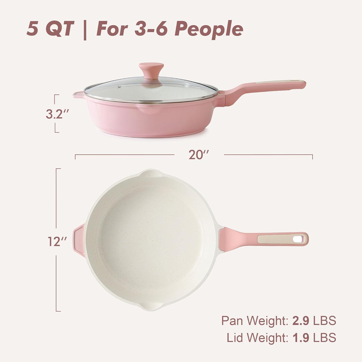 imageSENSARTE Nonstick Ceramic Saute Pan 12Inch 5QT Nontoxic Deep Frying Pan Skillet with Lid Healthy No Teflon Cookware Stay Cool Handle Induction Compatible PFAS FreeSakura Pink