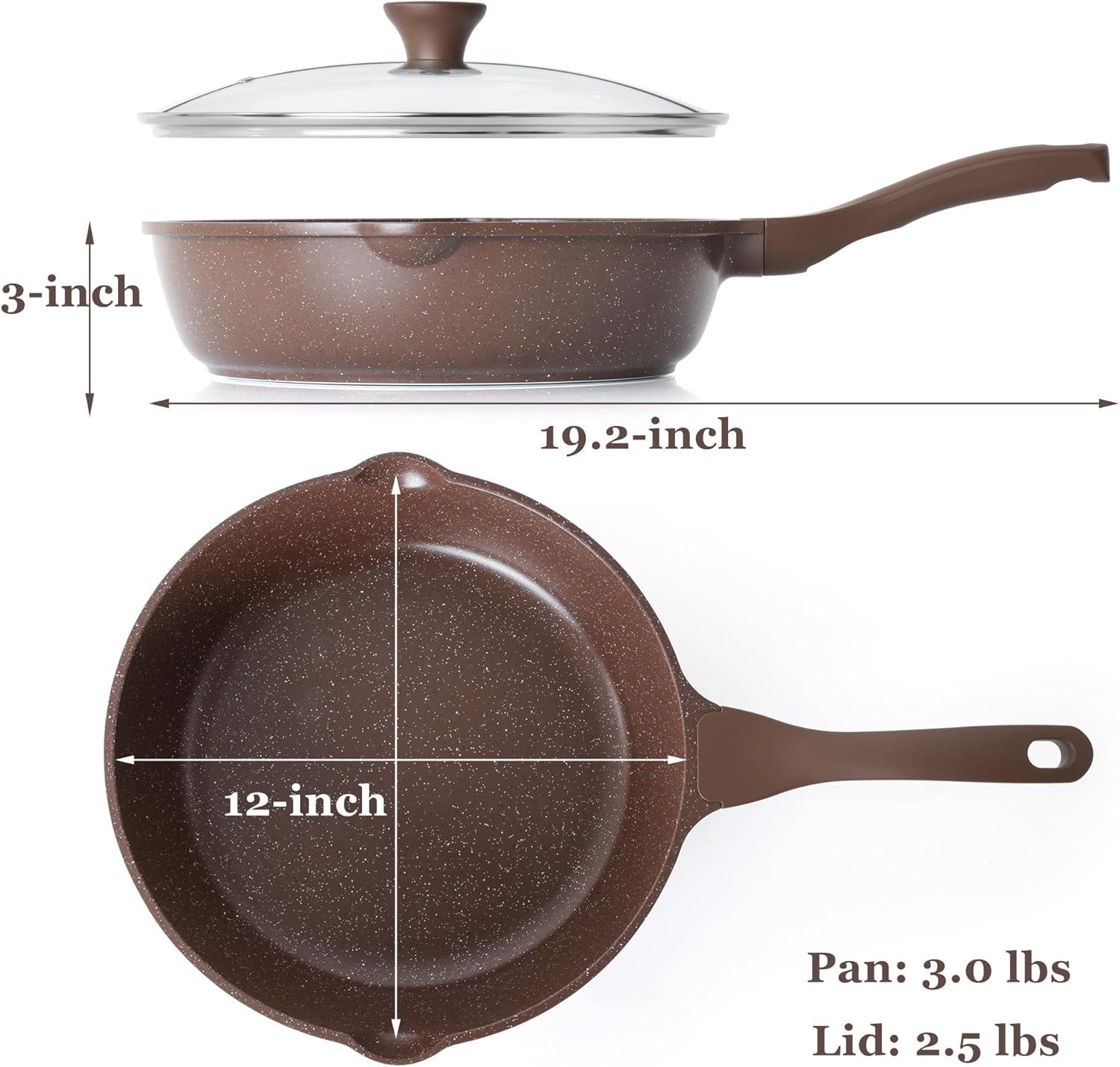 imageSENSARTE Nonstick Ceramic Saute Pan 12Inch 5QT Nontoxic Deep Frying Pan Skillet with Lid Healthy No Teflon Cookware Stay Cool Handle Induction Compatible PFAS FreeToffee Brown