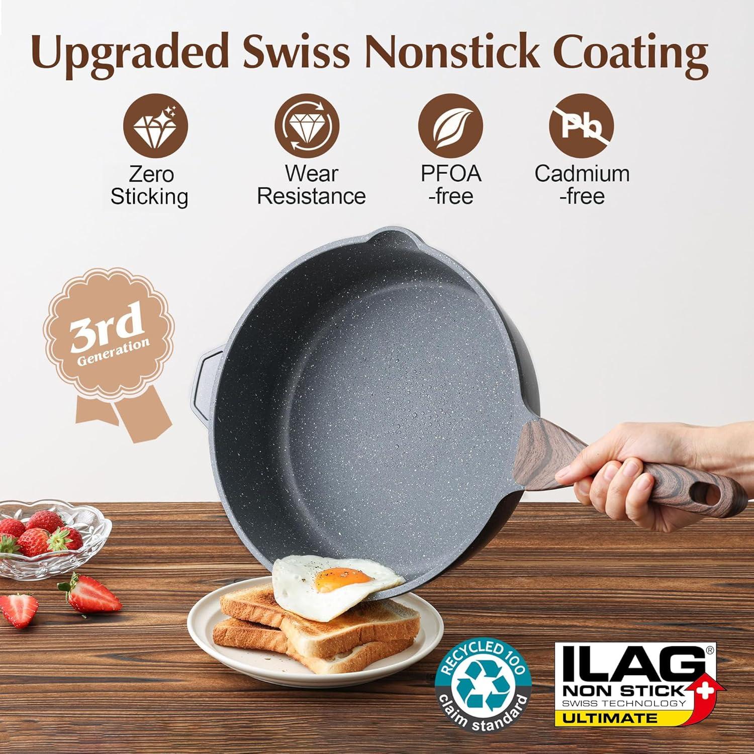 imageSENSARTE Nonstick Ceramic Saute Pan 12Inch 5QT Nontoxic Deep Frying Pan Skillet with Lid Healthy No Teflon Cookware Stay Cool Handle Induction Compatible PFAS FreeGray