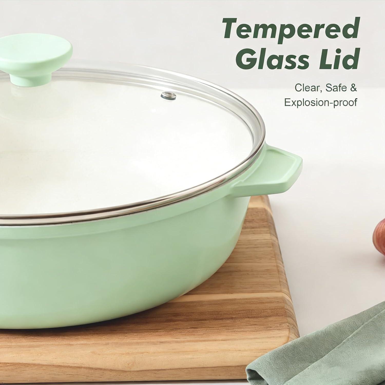 imageSENSARTE Nonstick Ceramic Saute Pan 12Inch 5QT Nontoxic Deep Frying Pan Skillet with Lid Healthy No Teflon Cookware Stay Cool Handle Induction Compatible PFAS FreeMint Green
