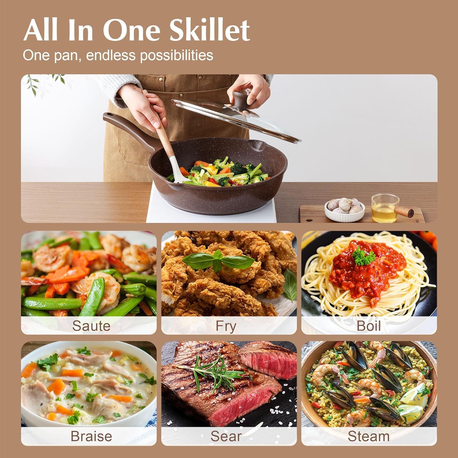 imageSENSARTE Nonstick Ceramic Saute Pan 12Inch 5QT Nontoxic Deep Frying Pan Skillet with Lid Healthy No Teflon Cookware Stay Cool Handle Induction Compatible PFAS FreeToffee Brown