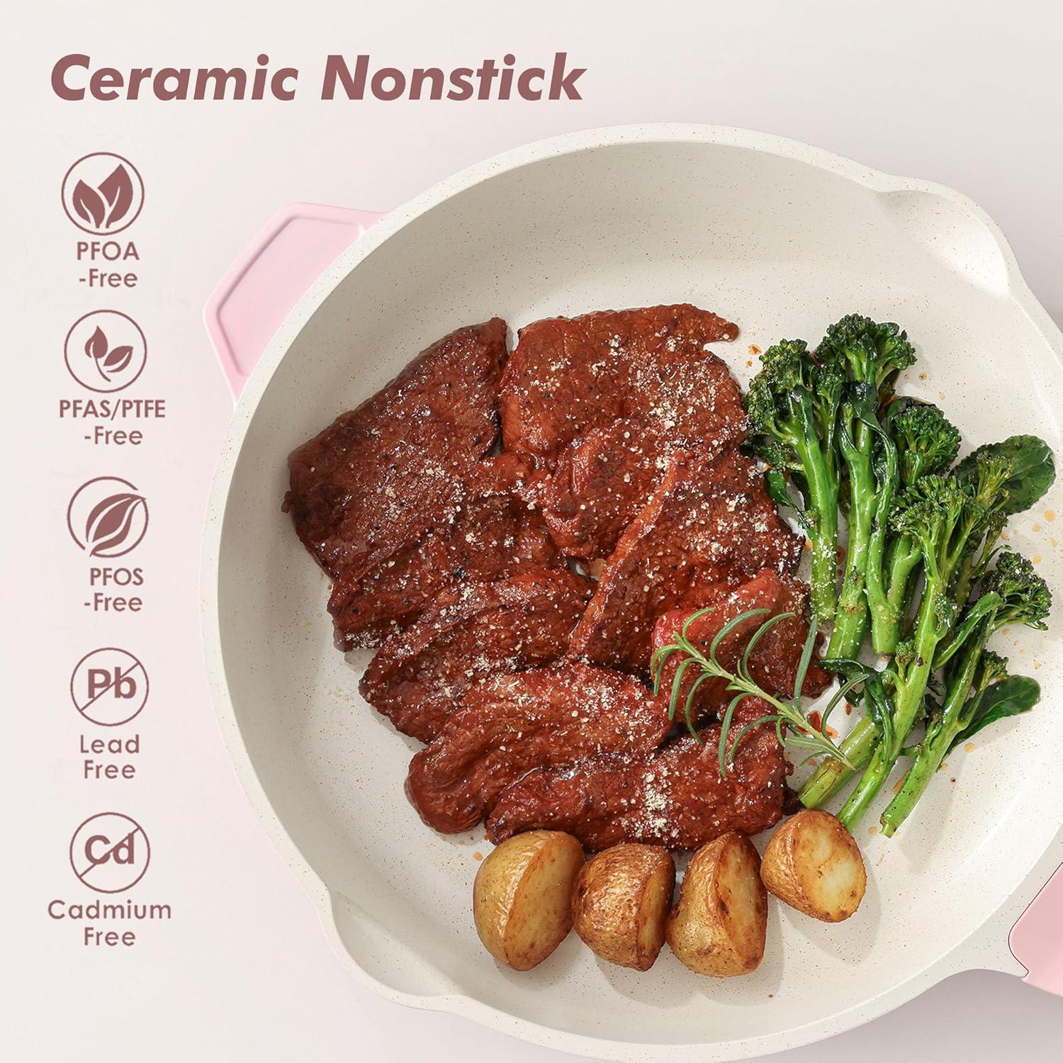 imageSENSARTE Nonstick Ceramic Saute Pan 12Inch 5QT Nontoxic Deep Frying Pan Skillet with Lid Healthy No Teflon Cookware Stay Cool Handle Induction Compatible PFAS FreeSakura Pink