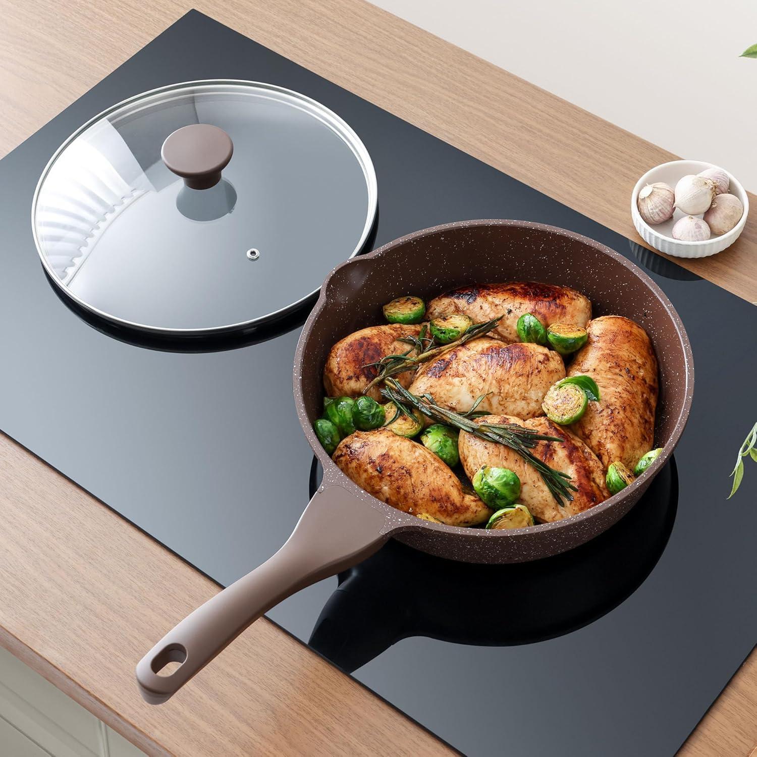 imageSENSARTE Nonstick Ceramic Saute Pan 12Inch 5QT Nontoxic Deep Frying Pan Skillet with Lid Healthy No Teflon Cookware Stay Cool Handle Induction Compatible PFAS FreeToffee Brown