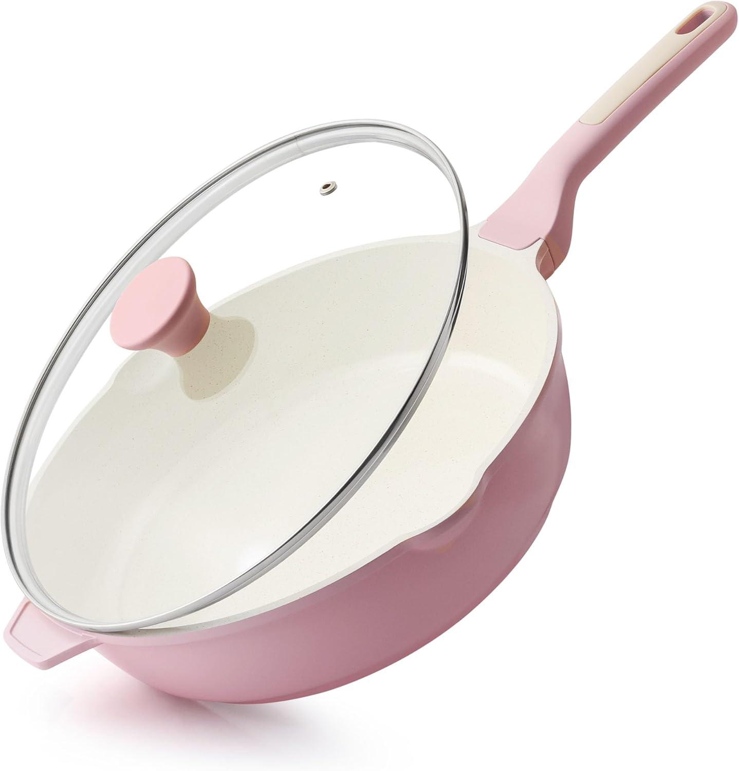 imageSENSARTE Nonstick Ceramic Saute Pan 12Inch 5QT Nontoxic Deep Frying Pan Skillet with Lid Healthy No Teflon Cookware Stay Cool Handle Induction Compatible PFAS FreeSakura Pink