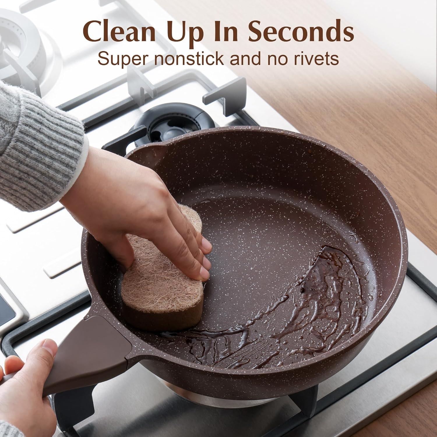 imageSENSARTE Nonstick Ceramic Saute Pan 12Inch 5QT Nontoxic Deep Frying Pan Skillet with Lid Healthy No Teflon Cookware Stay Cool Handle Induction Compatible PFAS FreeToffee Brown