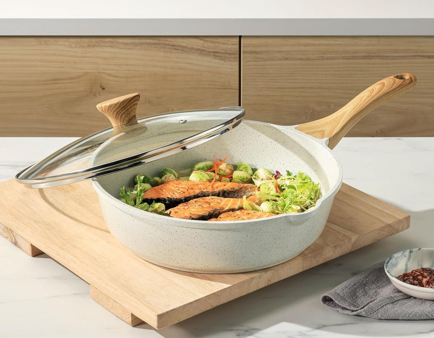 imageSENSARTE Nonstick Ceramic Saute Pan 12Inch 5QT Nontoxic Deep Frying Pan Skillet with Lid Healthy No Teflon Cookware Stay Cool Handle Induction Compatible PFAS FreeWhite Ceramic