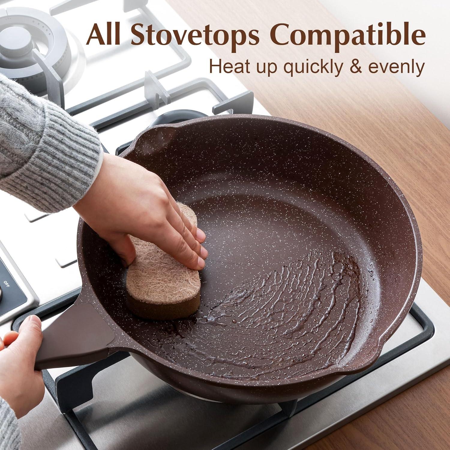 imageSENSARTE Nonstick Ceramic Saute Pan 12Inch 5QT Nontoxic Deep Frying Pan Skillet with Lid Healthy No Teflon Cookware Stay Cool Handle Induction Compatible PFAS FreeToffee Brown