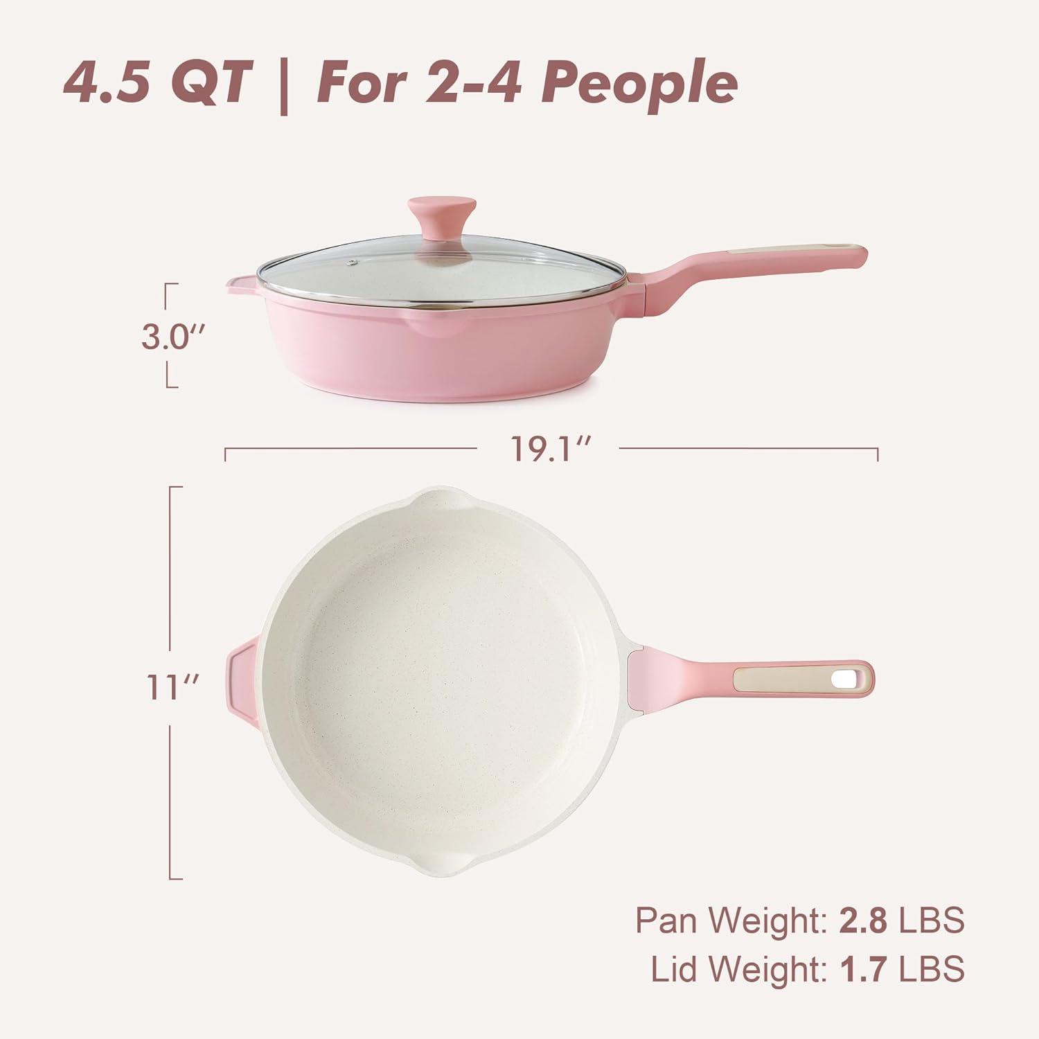 imageSENSARTE Nonstick Ceramic Saute Pan 12Inch 5QT Nontoxic Deep Frying Pan Skillet with Lid Healthy No Teflon Cookware Stay Cool Handle Induction Compatible PFAS FreeSakura Pink
