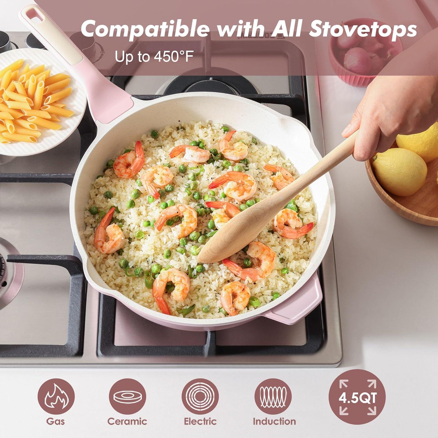 imageSENSARTE Nonstick Ceramic Saute Pan 12Inch 5QT Nontoxic Deep Frying Pan Skillet with Lid Healthy No Teflon Cookware Stay Cool Handle Induction Compatible PFAS FreeSakura Pink