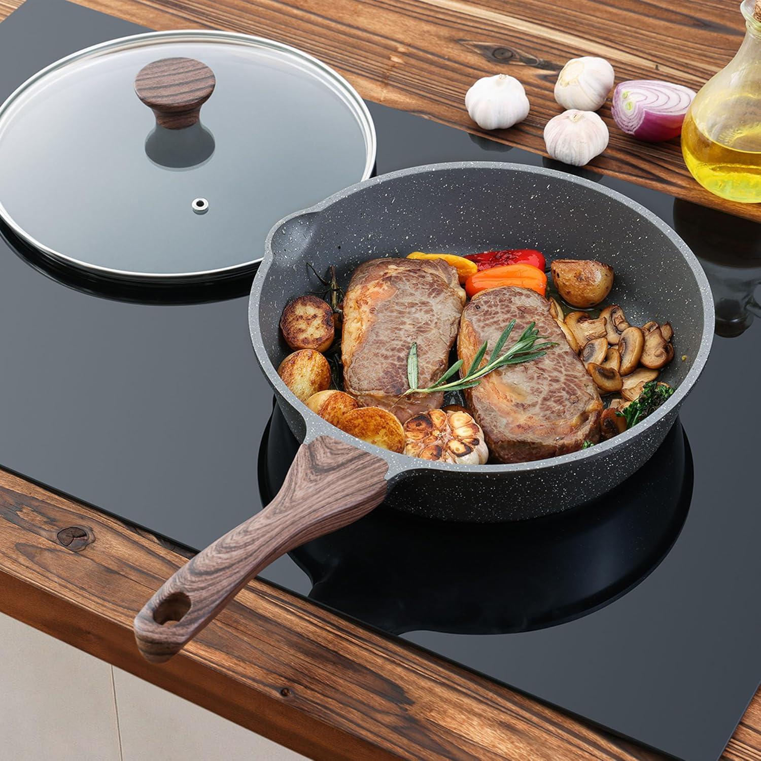 imageSENSARTE Nonstick Ceramic Saute Pan 12Inch 5QT Nontoxic Deep Frying Pan Skillet with Lid Healthy No Teflon Cookware Stay Cool Handle Induction Compatible PFAS FreeGray