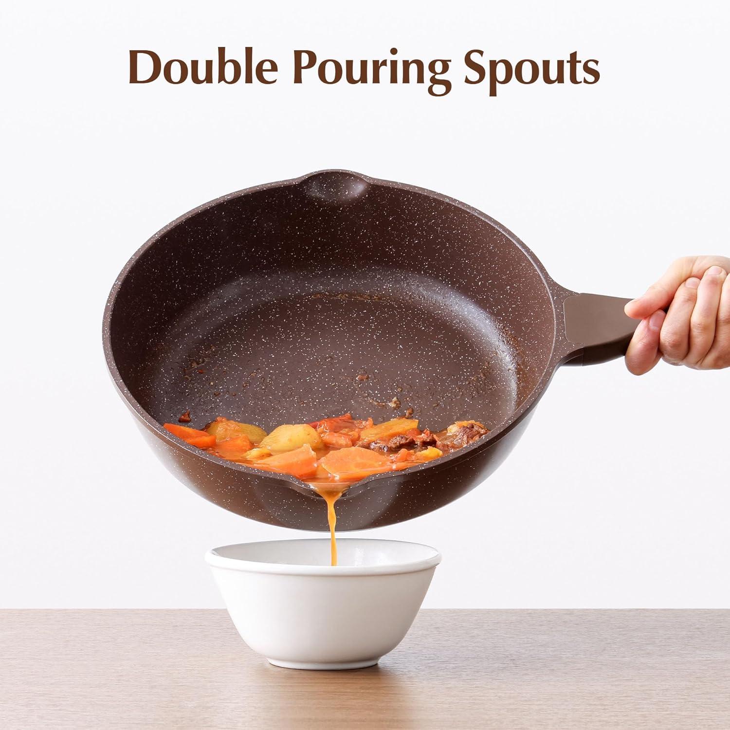 imageSENSARTE Nonstick Ceramic Saute Pan 12Inch 5QT Nontoxic Deep Frying Pan Skillet with Lid Healthy No Teflon Cookware Stay Cool Handle Induction Compatible PFAS FreeToffee Brown