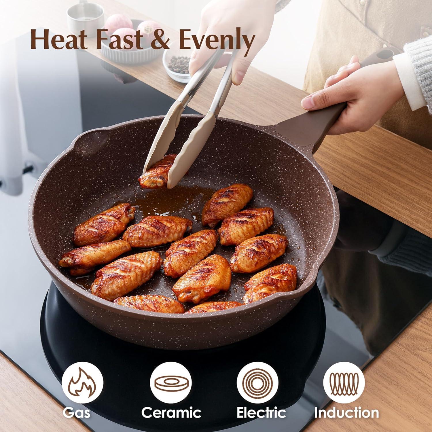 imageSENSARTE Nonstick Ceramic Saute Pan 12Inch 5QT Nontoxic Deep Frying Pan Skillet with Lid Healthy No Teflon Cookware Stay Cool Handle Induction Compatible PFAS FreeToffee Brown