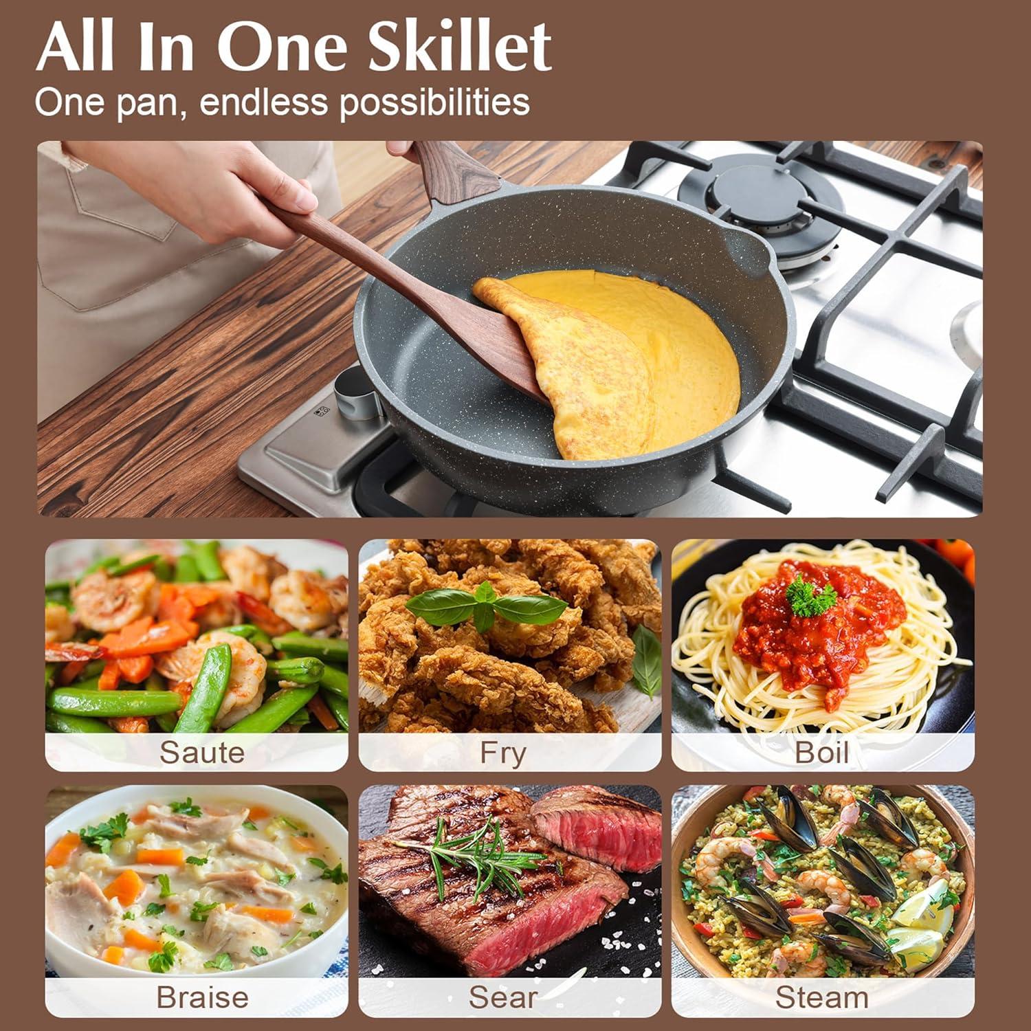 imageSENSARTE Nonstick Ceramic Saute Pan 12Inch 5QT Nontoxic Deep Frying Pan Skillet with Lid Healthy No Teflon Cookware Stay Cool Handle Induction Compatible PFAS FreeGray