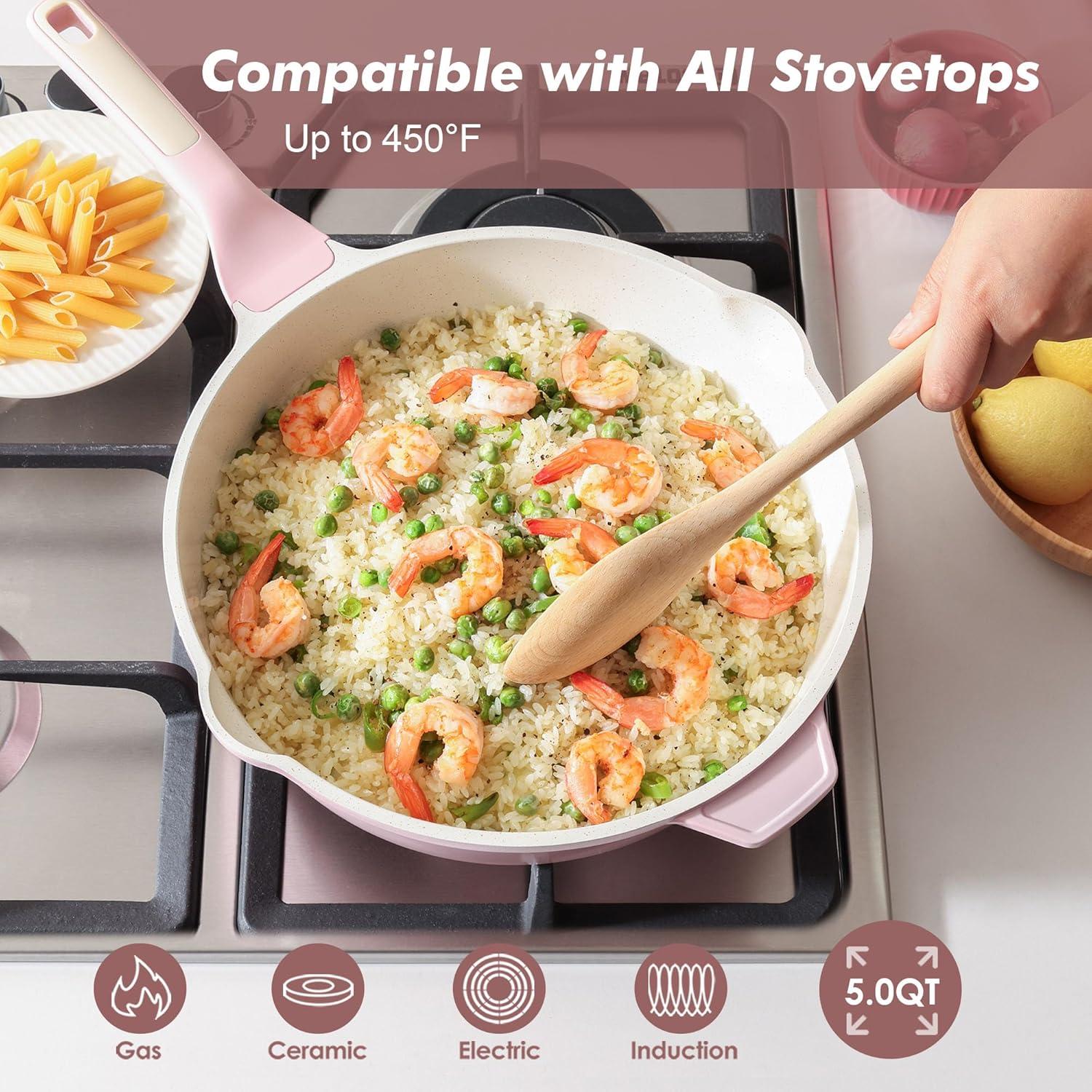 imageSENSARTE Nonstick Ceramic Saute Pan 12Inch 5QT Nontoxic Deep Frying Pan Skillet with Lid Healthy No Teflon Cookware Stay Cool Handle Induction Compatible PFAS FreeSakura Pink
