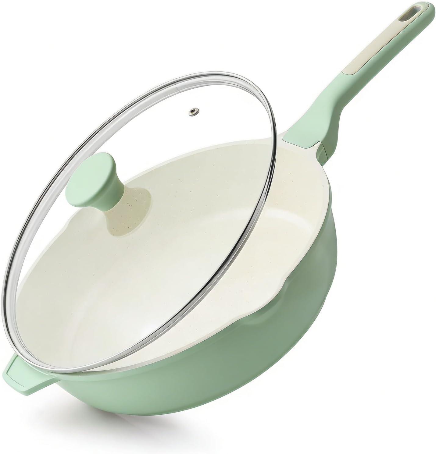 imageSENSARTE Nonstick Ceramic Saute Pan 12Inch 5QT Nontoxic Deep Frying Pan Skillet with Lid Healthy No Teflon Cookware Stay Cool Handle Induction Compatible PFAS FreeMint Green