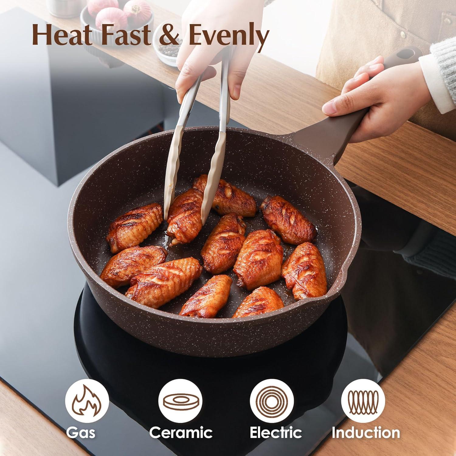 imageSENSARTE Nonstick Ceramic Saute Pan 12Inch 5QT Nontoxic Deep Frying Pan Skillet with Lid Healthy No Teflon Cookware Stay Cool Handle Induction Compatible PFAS FreeToffee Brown