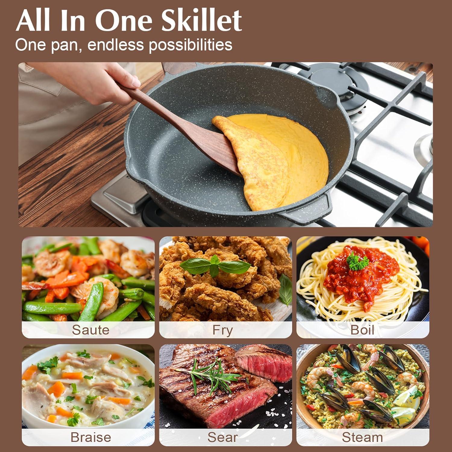 imageSENSARTE Nonstick Ceramic Saute Pan 12Inch 5QT Nontoxic Deep Frying Pan Skillet with Lid Healthy No Teflon Cookware Stay Cool Handle Induction Compatible PFAS FreeClassic Granite
