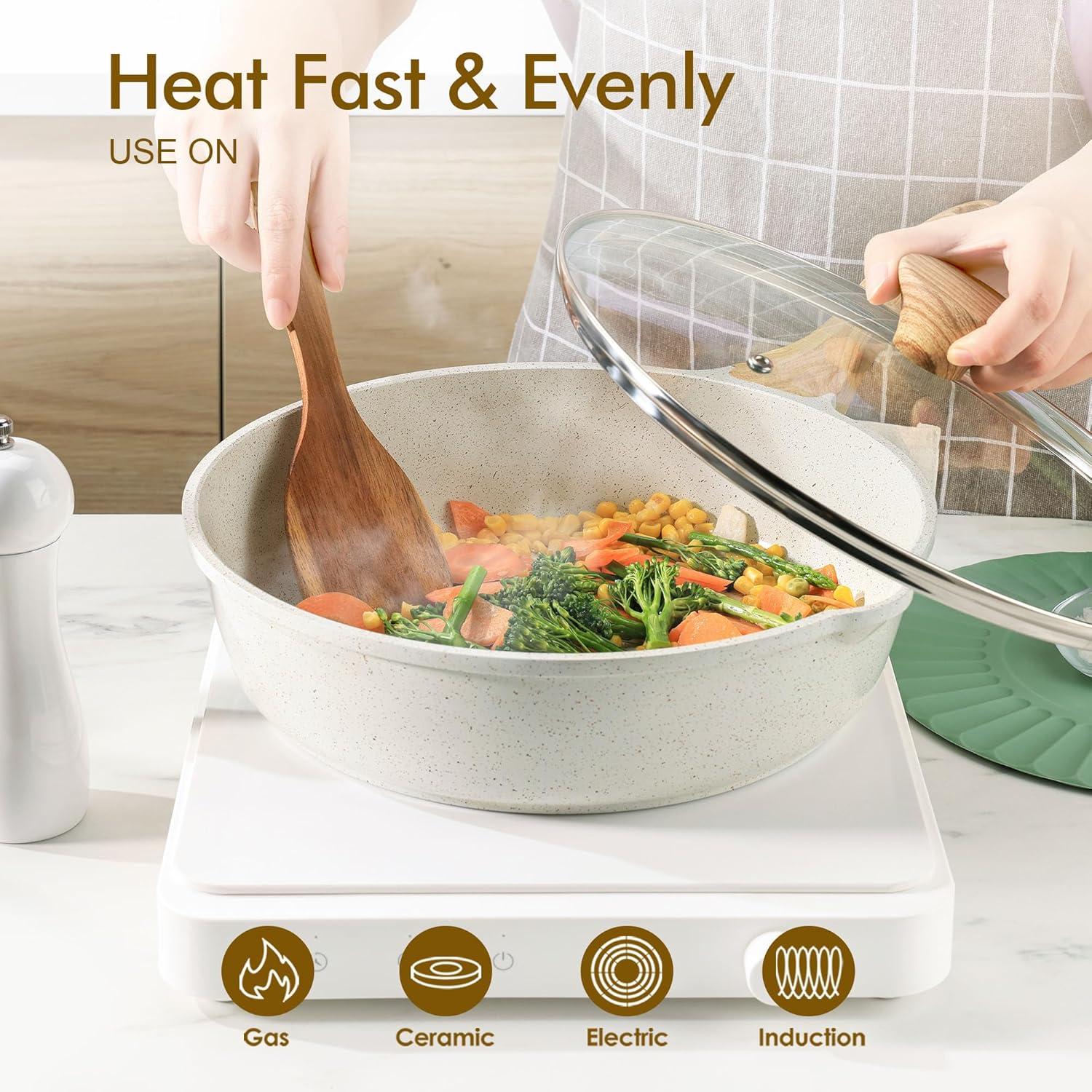 imageSENSARTE Nonstick Ceramic Saute Pan 12Inch 5QT Nontoxic Deep Frying Pan Skillet with Lid Healthy No Teflon Cookware Stay Cool Handle Induction Compatible PFAS FreeWhite Ceramic