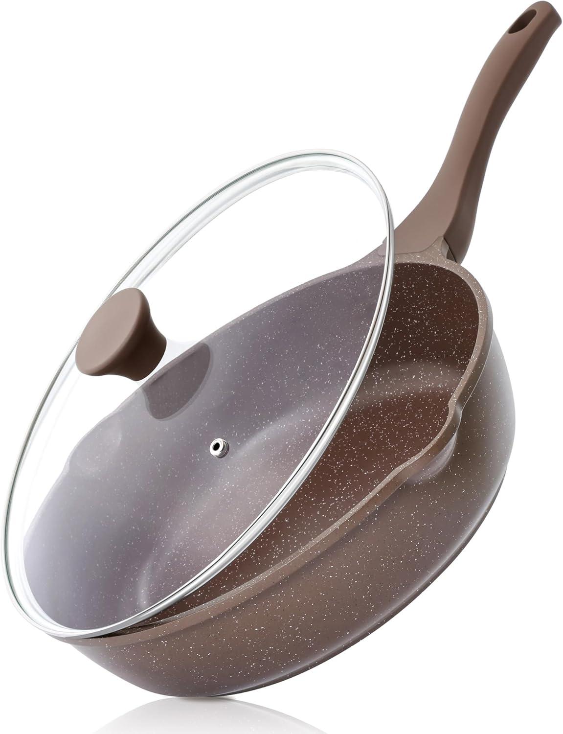 imageSENSARTE Nonstick Ceramic Saute Pan 12Inch 5QT Nontoxic Deep Frying Pan Skillet with Lid Healthy No Teflon Cookware Stay Cool Handle Induction Compatible PFAS FreeToffee Brown