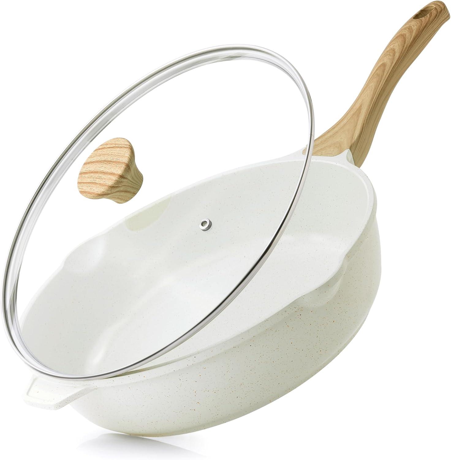 imageSENSARTE Nonstick Ceramic Saute Pan 12Inch 5QT Nontoxic Deep Frying Pan Skillet with Lid Healthy No Teflon Cookware Stay Cool Handle Induction Compatible PFAS FreeCeramic White