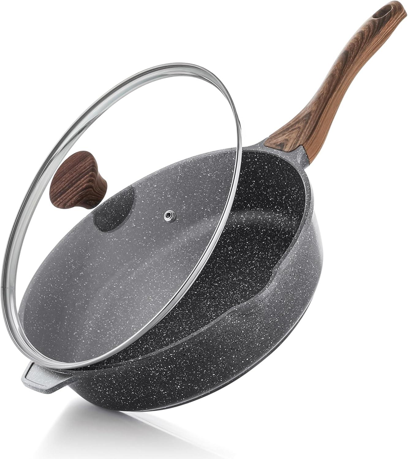 imageSENSARTE Nonstick Ceramic Saute Pan 12Inch 5QT Nontoxic Deep Frying Pan Skillet with Lid Healthy No Teflon Cookware Stay Cool Handle Induction Compatible PFAS FreeGray