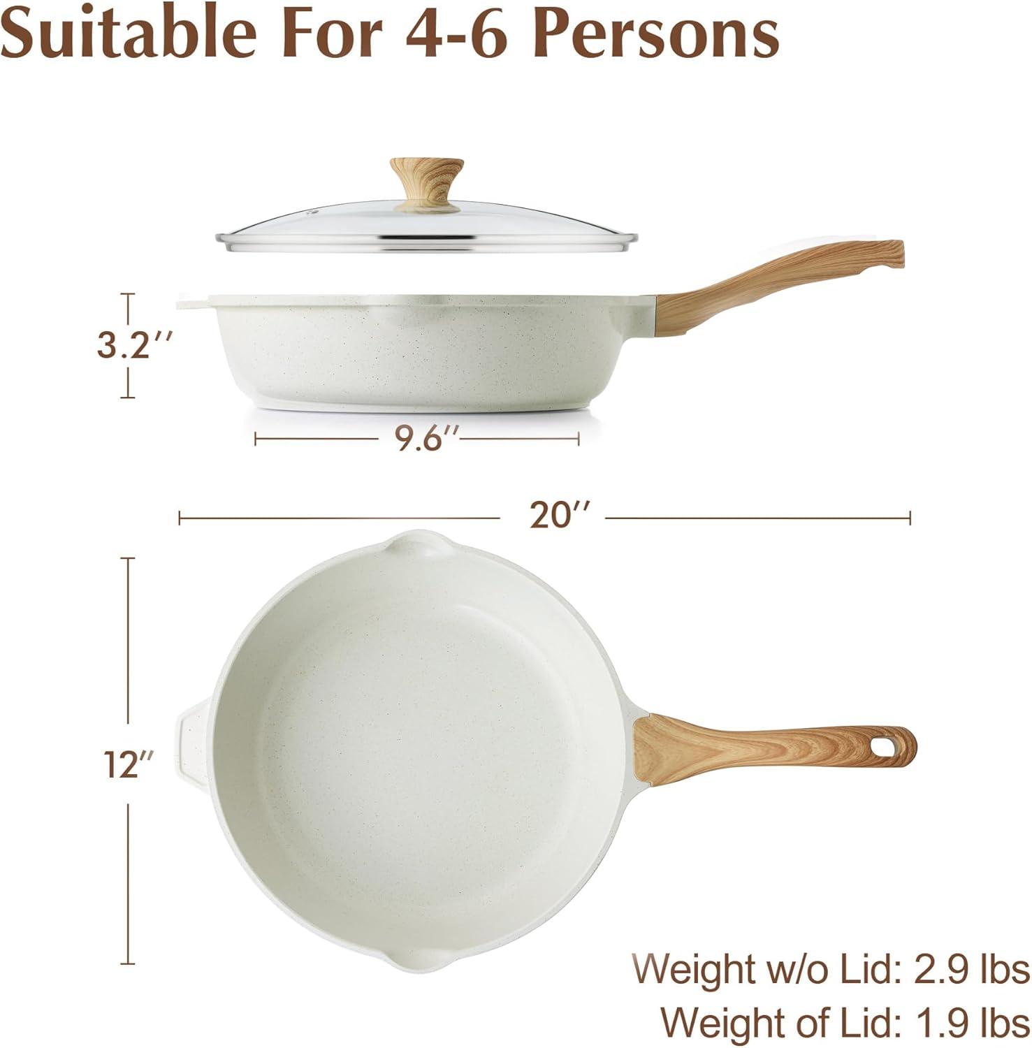 imageSENSARTE Nonstick Ceramic Saute Pan 12Inch 5QT Nontoxic Deep Frying Pan Skillet with Lid Healthy No Teflon Cookware Stay Cool Handle Induction Compatible PFAS FreeCeramic White