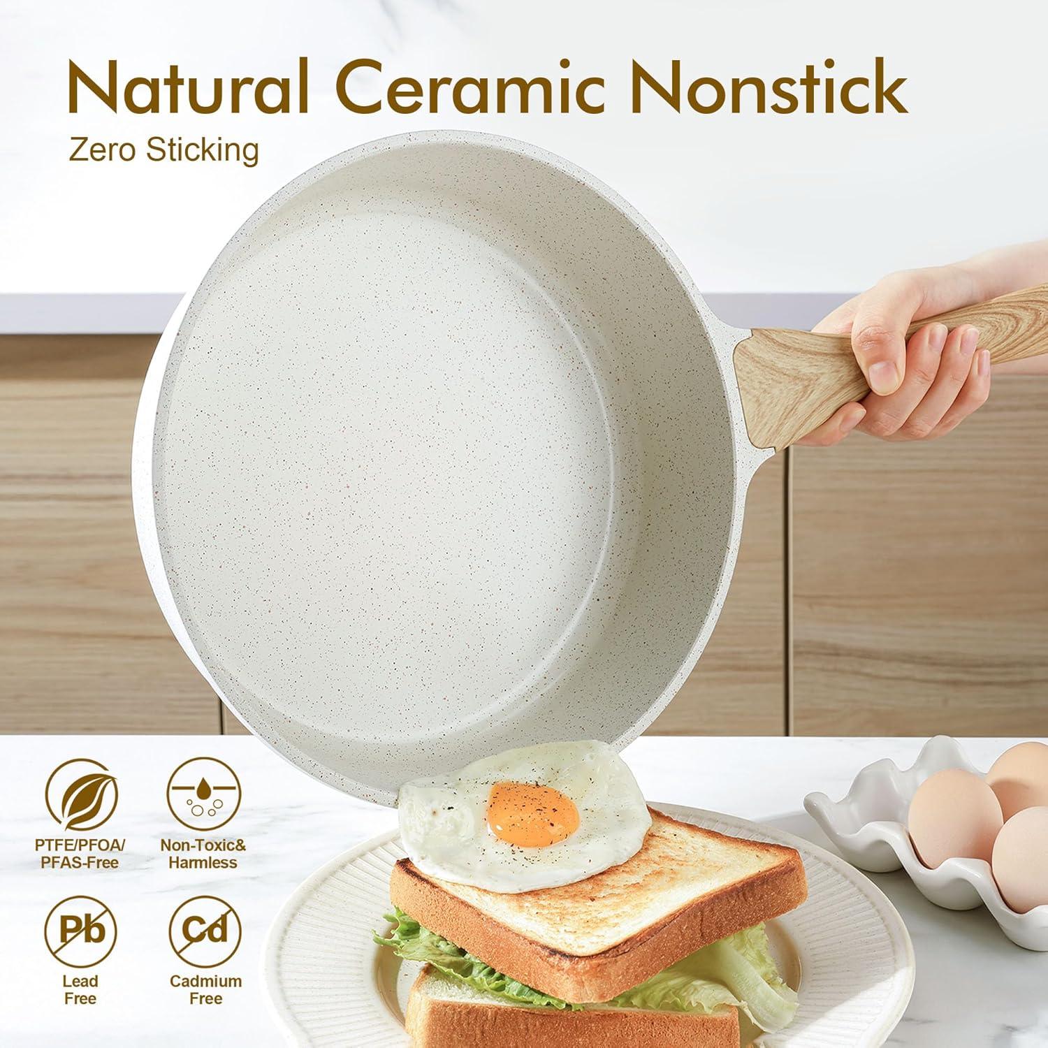 imageSENSARTE Nonstick Ceramic Saute Pan 12Inch 5QT Nontoxic Deep Frying Pan Skillet with Lid Healthy No Teflon Cookware Stay Cool Handle Induction Compatible PFAS FreeCeramic White