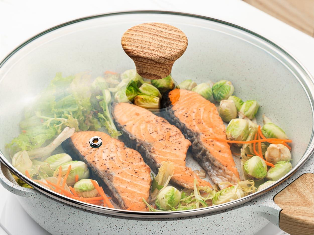 imageSENSARTE Nonstick Ceramic Saute Pan 12Inch 5QT Nontoxic Deep Frying Pan Skillet with Lid Healthy No Teflon Cookware Stay Cool Handle Induction Compatible PFAS FreeCeramic White