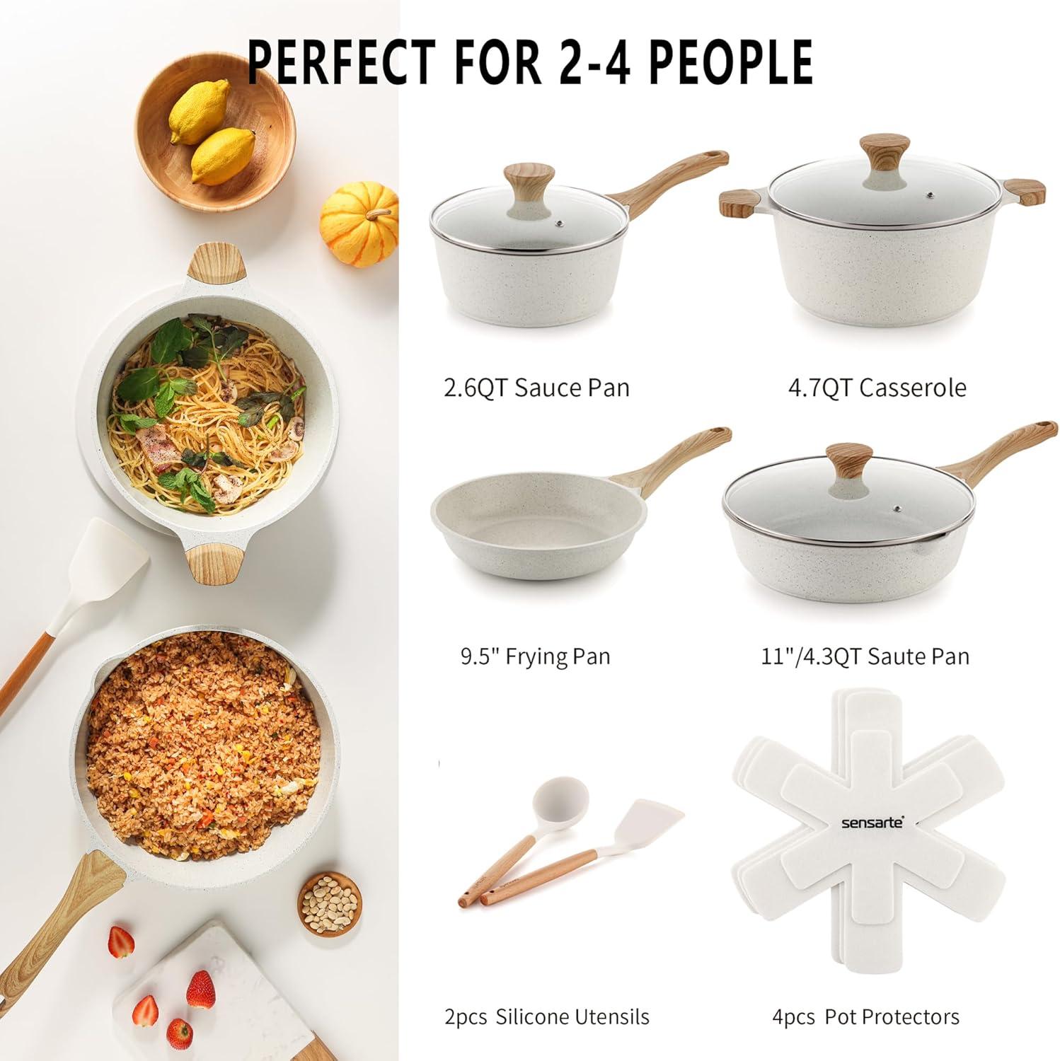 imageSENSARTE Nonstick Cookware Set 13Piece Healthy Pots and Pans Set Kitchen Cooking Set with StayCool Handles Silicone Utensils and Pot Protectors PFOA FreeWhite