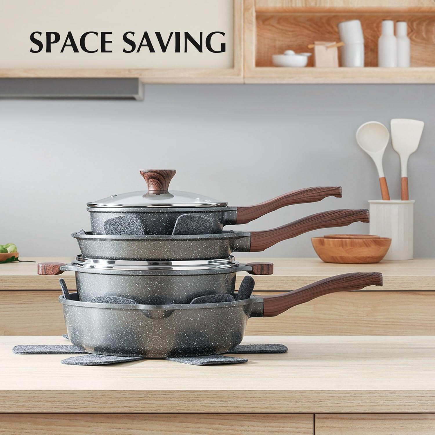 imageSENSARTE Nonstick Cookware Set 13Piece Healthy Pots and Pans Set Kitchen Cooking Set with StayCool Handles Silicone Utensils and Pot Protectors PFOA FreeGray