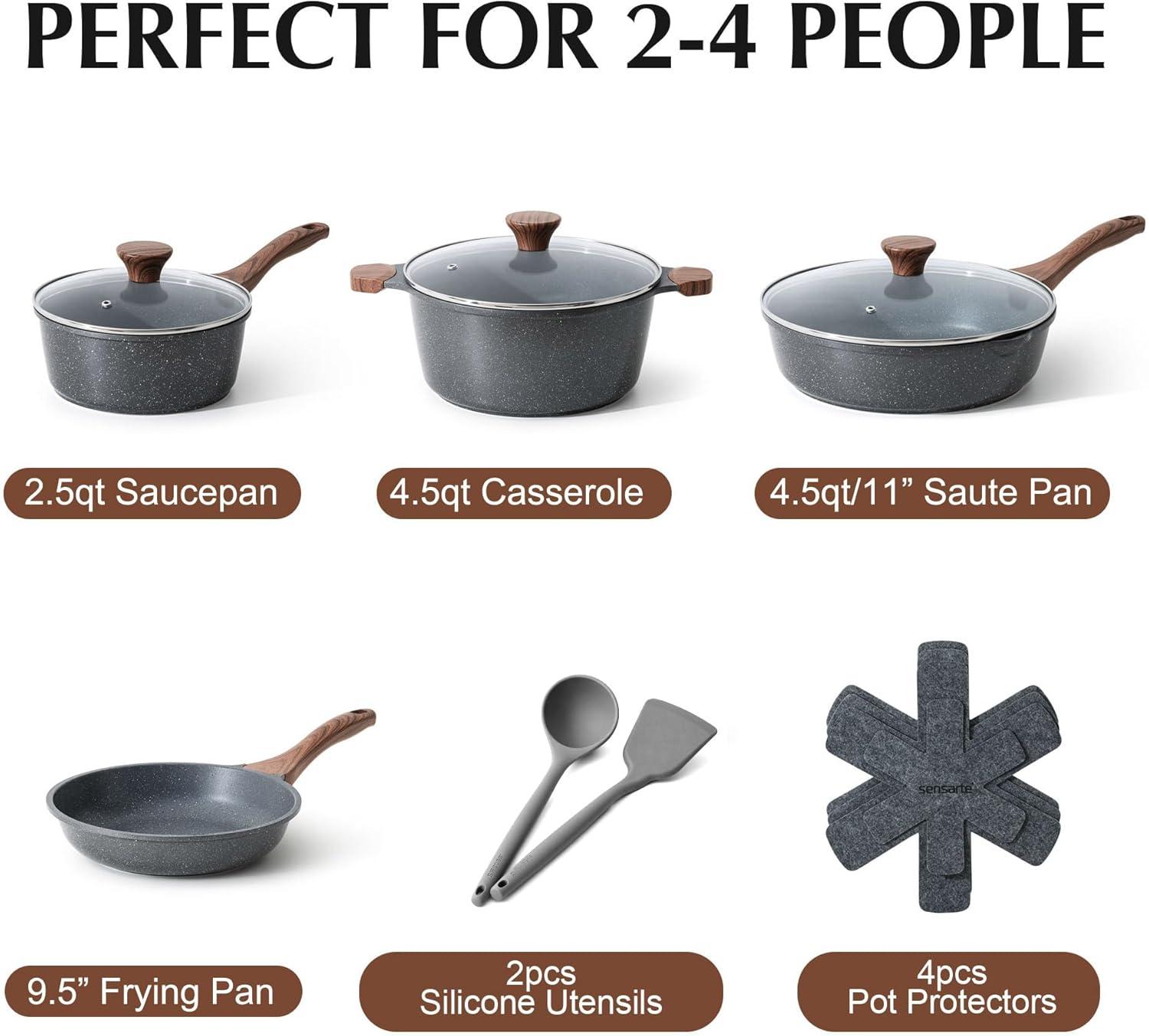 imageSENSARTE Nonstick Cookware Set 13Piece Healthy Pots and Pans Set Kitchen Cooking Set with StayCool Handles Silicone Utensils and Pot Protectors PFOA FreeGray