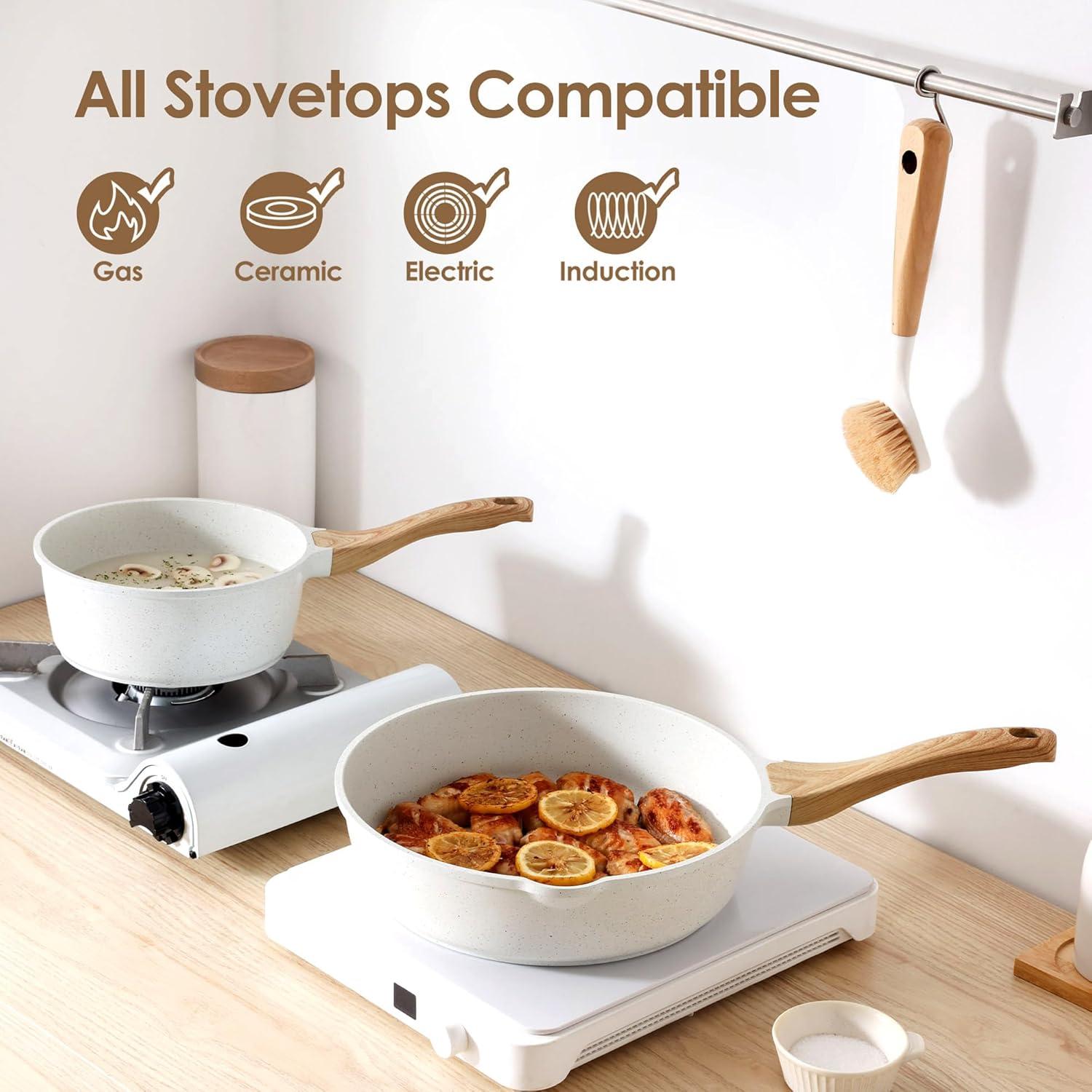 imageSENSARTE Nonstick Cookware Set 13Piece Healthy Pots and Pans Set Kitchen Cooking Set with StayCool Handles Silicone Utensils and Pot Protectors PFOA FreeWhite