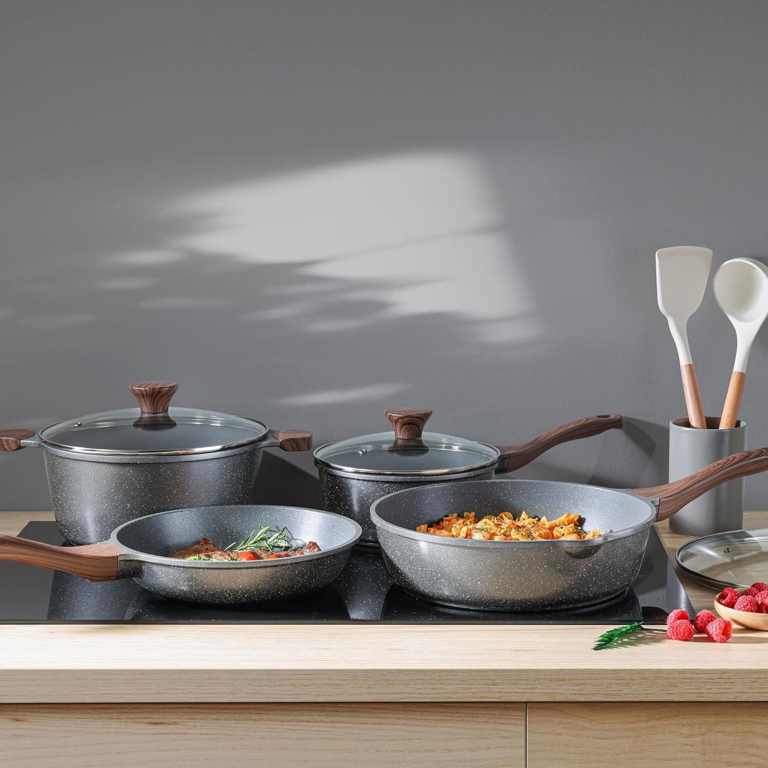 imageSENSARTE Nonstick Cookware Set 13Piece Healthy Pots and Pans Set Kitchen Cooking Set with StayCool Handles Silicone Utensils and Pot Protectors PFOA FreeGray