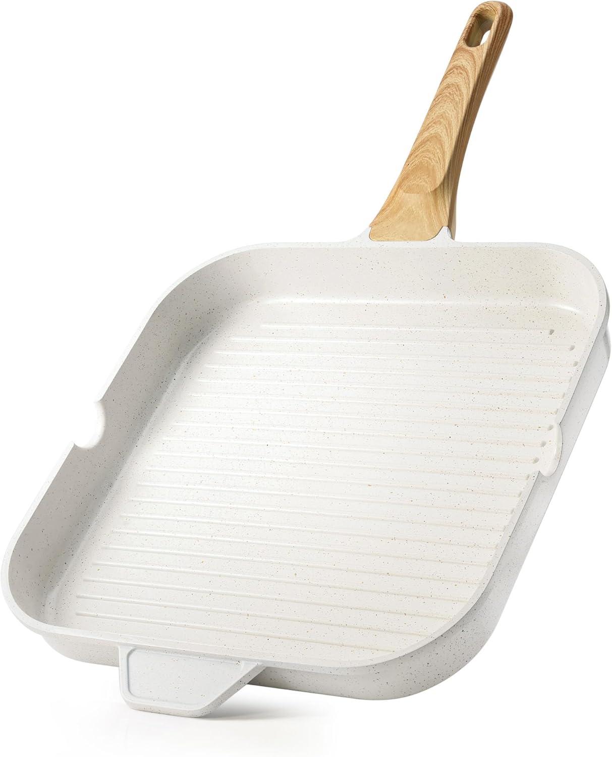 imageSENSARTE Nonstick Grill Pan for Stove Tops Versatile Griddle with Pour Spouts Square Big Cooking Surface Durable Skillet Indoor ampamp Outdoor Grilling PFOA Free12InchWhite Ceramic