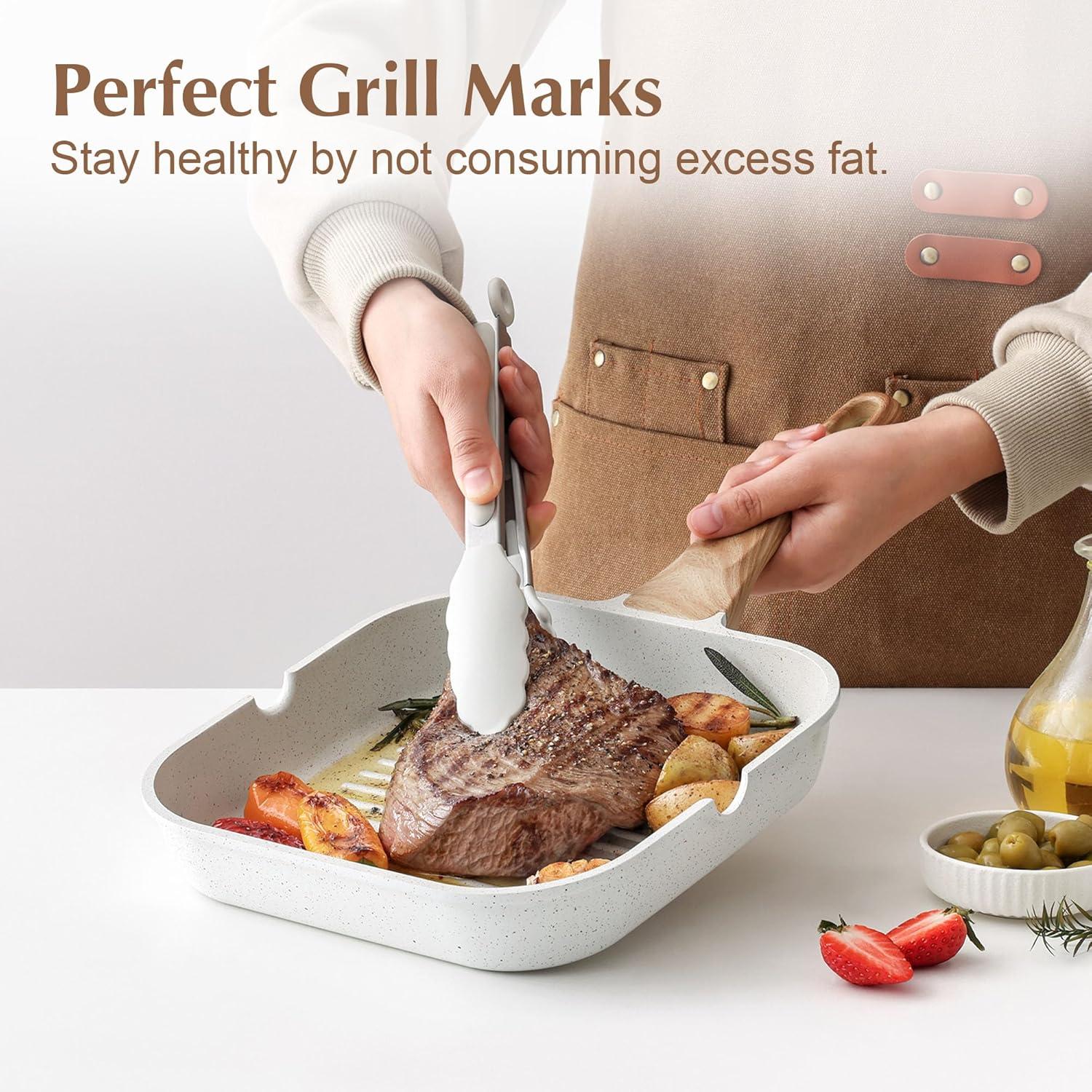 imageSENSARTE Nonstick Grill Pan for Stove Tops Versatile Griddle with Pour Spouts Square Big Cooking Surface Durable Skillet Indoor ampamp Outdoor Grilling PFOA Free12InchWhite Ceramic