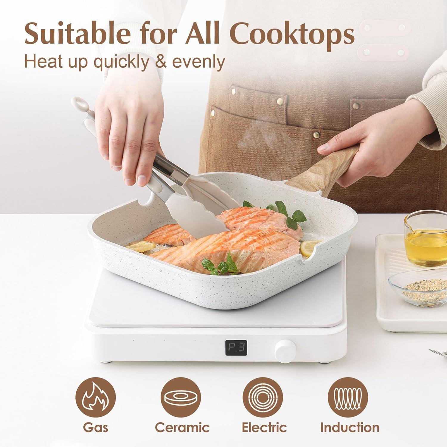 imageSENSARTE Nonstick Grill Pan for Stove Tops Versatile Griddle with Pour Spouts Square Big Cooking Surface Durable Skillet Indoor ampamp Outdoor Grilling PFOA Free12InchWhite Ceramic