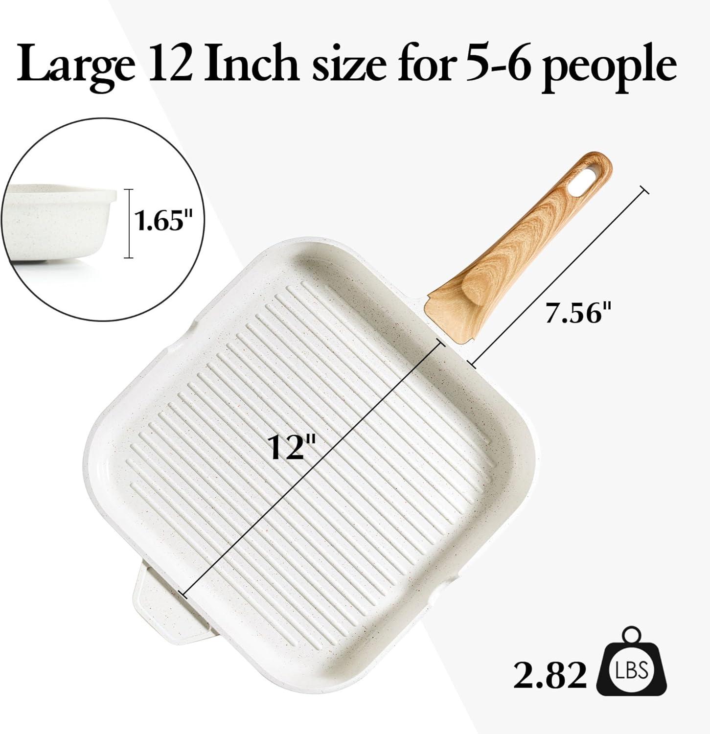 imageSENSARTE Nonstick Grill Pan for Stove Tops Versatile Griddle with Pour Spouts Square Big Cooking Surface Durable Skillet Indoor ampamp Outdoor Grilling PFOA Free12InchWhite Ceramic