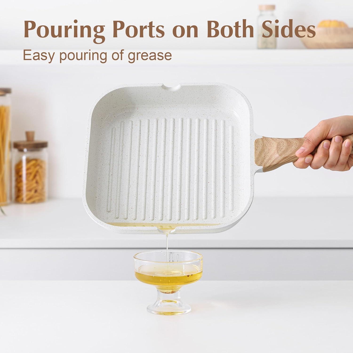 imageSENSARTE Nonstick Grill Pan for Stove Tops Versatile Griddle with Pour Spouts Square Big Cooking Surface Durable Skillet Indoor ampamp Outdoor Grilling PFOA Free12InchWhite Ceramic