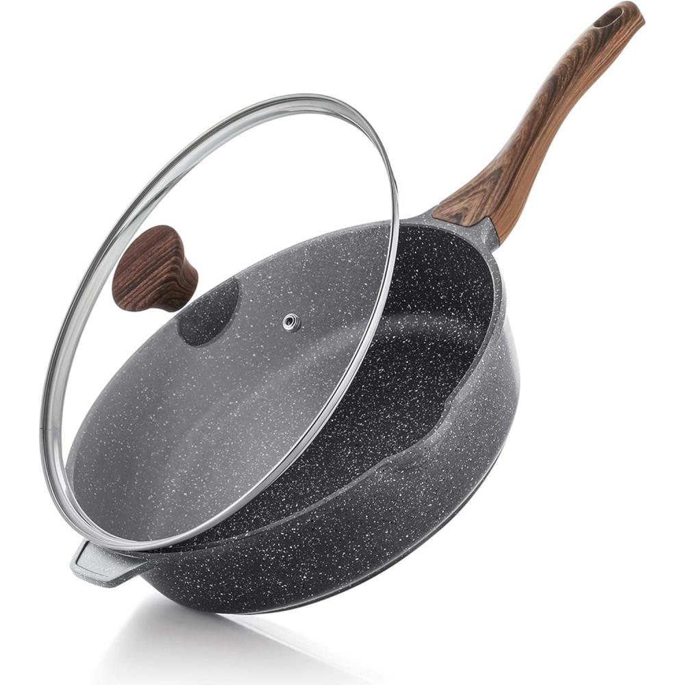 imageSENSARTE Nonstick Ceramic Saute Pan 12Inch 5QT Nontoxic Deep Frying Pan Skillet with Lid Healthy No Teflon Cookware Stay Cool Handle Induction Compatible PFAS FreeClassic Granite