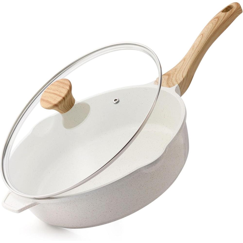 imageSENSARTE Nonstick Ceramic Saute Pan 12Inch 5QT Nontoxic Deep Frying Pan Skillet with Lid Healthy No Teflon Cookware Stay Cool Handle Induction Compatible PFAS FreeCeramic White